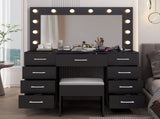 Vanity Desk Set with Large Lighted Mirror and Powre Outlet, Glass Top Makeup with 9 Drawers, 12228143