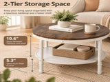 Round 2-Tier Wood Coffee Table, Dark Walnut Finish with Black Wood Grain, White Textured 27271682