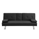 ZUN sofa bed with Armrest two holders WOOD FRAME, STAINLESS LEG, FUTON BLACK PVC W214101864