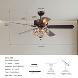 ZUN 52'' Classical Crystal Ceiling Fan Lamp,3 Speed , 5 Reversible Blades for Living Room, Dining Room, W1592P183044