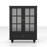 Minimalist Black Buffet Cabinet with Double Glass Doors and Drawer, Modern Wooden Storage Sideboard 26388624