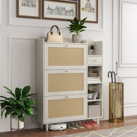 ZUN Natural Bohemia Style Shoe Cabinet, Shoe Rack Cabinet with 3 Rattan Flip Drawers,3 Square Shelves W2557P175977