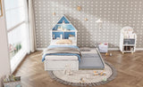 ZUN Twin Size House-Shaped Bed with Bookcase Headboard and Led Light and Twin Size Trundle for Kids Boys WF530847AAC