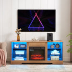 ZUN TV Stand Electric Fireplace TV Stand Glass Shelves, 3D Fireplace TV Stand LED Lights Wood W2275P257558