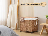 100L 2-Section Laundry with Lid and Wheels, Woven Natural Water Hyacinth Rolling Laundry 22283701
