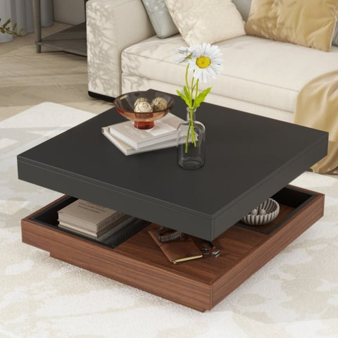 ZUN ON-TREND Modern Square 360&deg;Rotating Coffee Table with Three Detachable Tray, 2-Tier Farmhouse Wood N721P191981B