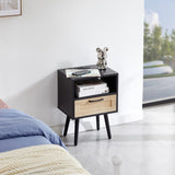 ZUN 15.75" Rattan End table with Power Outlet & USB Ports , Modern nightstand with drawer and solid wood W126573111