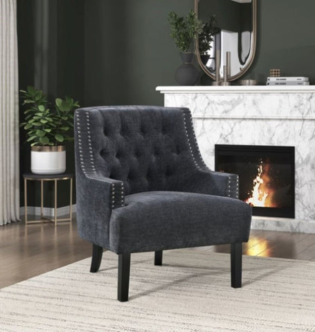 ZUN Modern Traditional Accent Chair Black Chenille Upholstery Button Tufted Solid Wood 1pc Living Room B011P182658