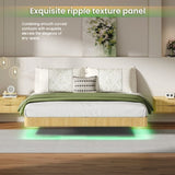 Oak King Floating Bed Frame with LED Lights, Wave Curve Wood Texture Bed with Heavy Duty Metal Slats W1820P333577