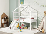Twin Low Loft House Bed with Slide, Ladder, Safety Guardrails, House Roof Frame,White W504P145316