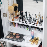 Non Full Mirror Wooden Wall Hanging 3-Layer Shelf, 2 Drawers, 17 Cosmetic Brush Holders, 95 White 62096095