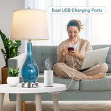 ZUN Table Lamps Set Of 2, Modern Blue Glass Bedside Lamps With 2 USB Ports, 25" 3-Color Temperature T3146P272394