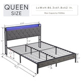 ZUN Queen Bed Frame Storage Headboard, Charging Station and LED Lights, Upholstered Platform Bed W1916124804