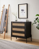 ZUN Rattan Storage Cabinet with 3 Large Drawers, Boho Mid-Century Wooden Nightstand Drawer Dresser, W1801P182002