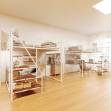 Full size loft metal bed with white for bedroom and dormitory, with built-in charging station and 12090426