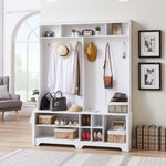 ZUN Hall Tree Entryway Bench with Coat Rack, with Shoe Cubbies for bedroom, White, 59.8'' w x 15.8'' d x W1162P147412