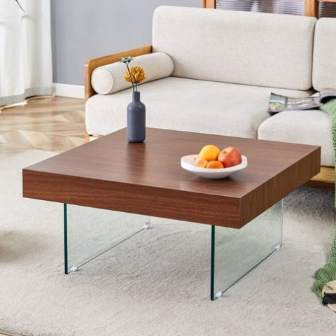 ZUN Walnut Colored Square MDF Coffee Table - 31.5"x31.5" with Tempered Glass Legs.Density Board W1151P233512