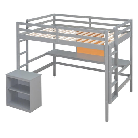 ZUN Full size Loft Bed with Desk and Writing Board, Wooden Loft Bed with Desk & 2 Drawers Cabinet- Gray 96271078