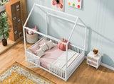 Full Size Metal House Bed with Fence and Door, White MF315933AAK