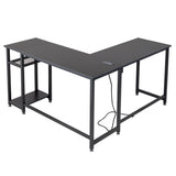 ZUN L-Shaped Desktop Computer Desk with Power Outlets & Shelf Tiger Black 06147125