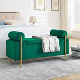 Elegant Upholstered Velvet Storage Bench with Cylindrical Arms and Iron Legs for Hallway Living Room W487128012