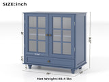 Minimalist Blue Buffet Cabinet with Double Glass Doors and Drawer, Modern Wooden Storage Sideboard W2557P307944