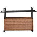 ZUN Outdoor Bar Cart Table, Large Wicker Island Rolling Cart, Wheeled Buffet Serving Cart with Glass Top 04069114