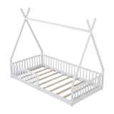 Twin Size Wood House Bed with Fence, White 28986741