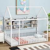 Twin Size Metal Bed House Bed Frame with Fence and Shelves, White N737P175360K