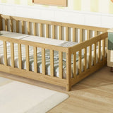 Twin Size Floor Bed with Fence without Door, Rubber Wood Floor Bed with Safety Guardrails,Natural W504P296796