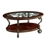 ZUN Traditional Style Brown Cherry 1pc COFFEE TABLE Open Bottom Shelf Ornate Design Glass Top Living B011P203063