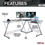 ZUN L-Shaped Tempered Glass Top Computer Desk with Pull Out Keyboard Panel, Clear 70147724