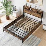 Queen Size Bed Frame with 4 Storage Drawers, Metal Platform Bed with Wooden Headboard and Charging W840134067