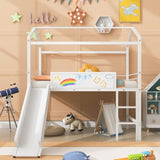 Metal House Bed With Slide, Twin Size Metal Loft Bed with Two-sided writable Wooden Board MF294384AAK