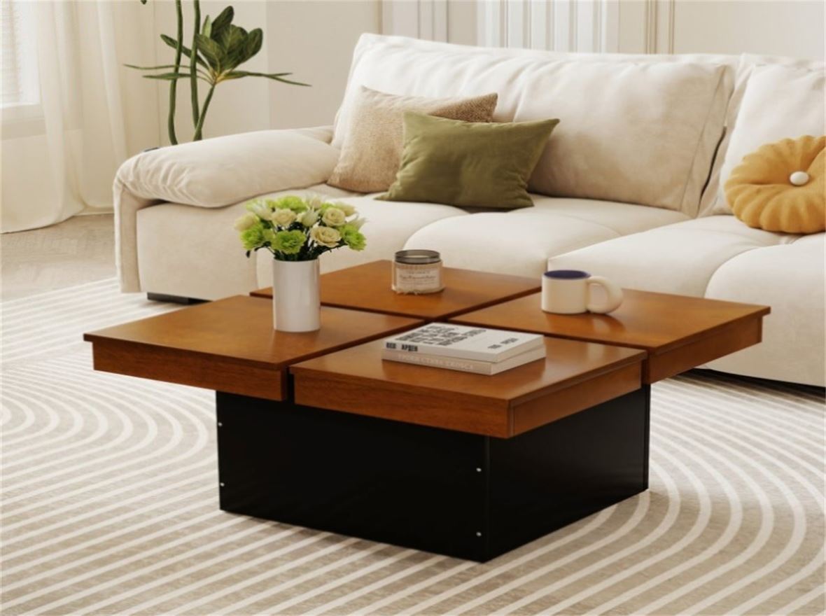 Modern Square Floating Coffee Table Okume Wood Veneer 4-Section Storag ...