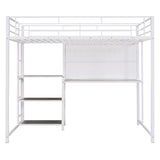 ZUN Full Size Loft Bed with Desk and Whiteboard, Metal Loft Bed with 3 Shelves and Ladder, White 62617184