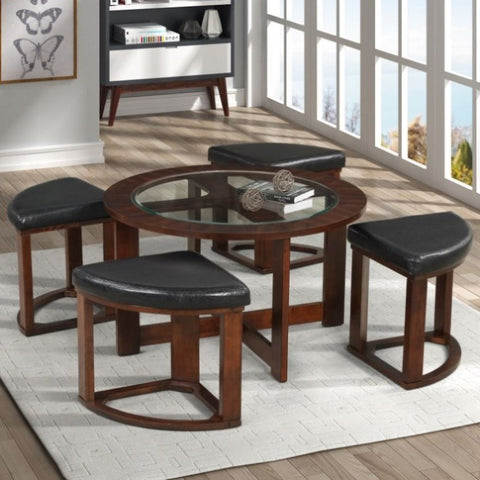 ZUN Solid Wood Glass Top Coffee Table w/ Stools T2574P180514