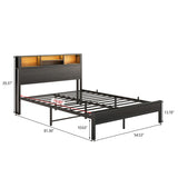 Full Size Bed Frame with Storage Headboard, Metal Platform Bed with Charging Station, Bookcase W840P201068