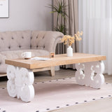 Ornate Coffee Table 47" Rectangular Farmhouse Style Table with White Carved Base and Natural W2729P298232