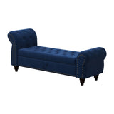 64.5" Bed Bench for Bed Room Nails Tufted Chaise of Lounge with Storage Velvet Upholstery Navy Blue W1097P202879
