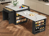 Extendable island console with drawers, double-door cabinet, and open shelving. Serves as dining 68266575