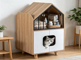 Natural & White Hidden Cat Litter Box Furniture, Elevated Cat Lounge Top Enclosed Cat Washroom 77964304