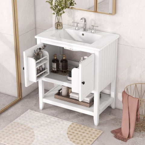 ZUN 30" White Modern Sleek Bathroom Vanity Elegant Ceramic Sink with Solid Wood Frame Open Style Shelf & N725P189825K