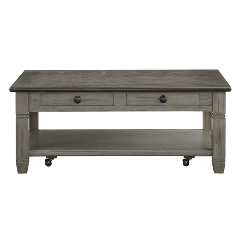 ZUN Coffee and Antique Gray Finish 1pc Cocktail Table with Casters 2 Drawers Bottom Shelf Wooden Living B011P175707