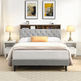 Queen-Size Upholstered Platform Bed Frame with a Modern Button-Tufted Linen Fabric Headboard,USB W311P285479