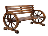 Rustic 2-Person Wooden Wagon Wheel Bench with Slatted Seat and Backrest, Brown 92221888