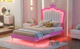 Twin Size Upholstered Bed Frame with LED Lights, Modern Upholstered Princess Bed with Crown W2770P190377