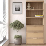 71 Inches Tall Storage Cabinet, Rattan Bookcase with 3 Drawers and 3-Tier Open Shelves, Wooden 71781703
