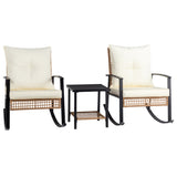 1pcs side table 2pcs rocking chairs, backrest sparsely woven, light yellow rattan, white cushion, 45516320