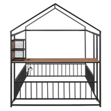 Full Size Metal Bed House Bed Frame with Desk, Shelves, Power Outlets and USB Ports, Black N737P173491B
